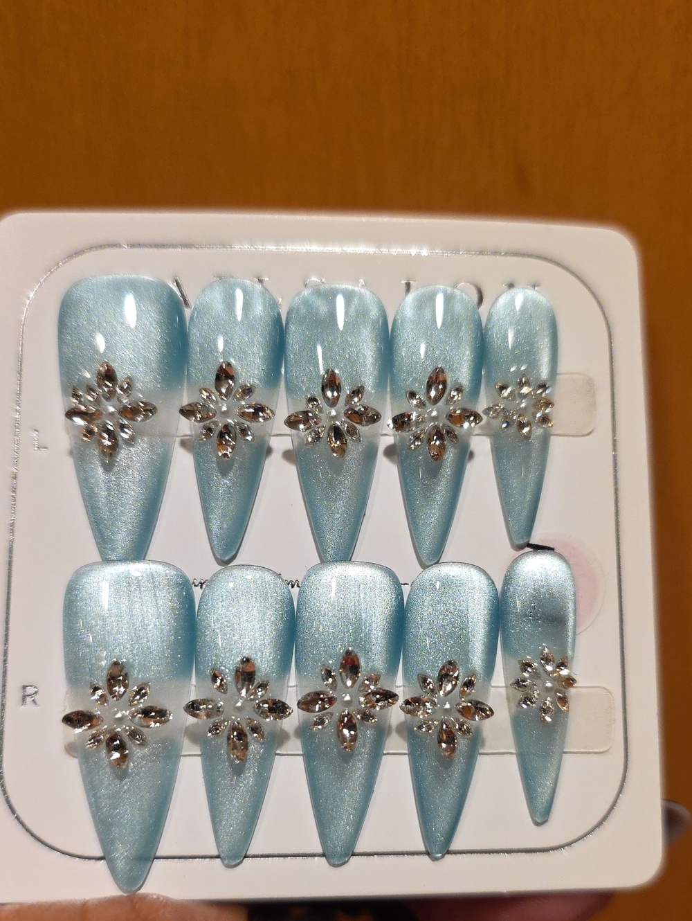Light Blue Rhinestone Stiletto Press-On Nails Size Large